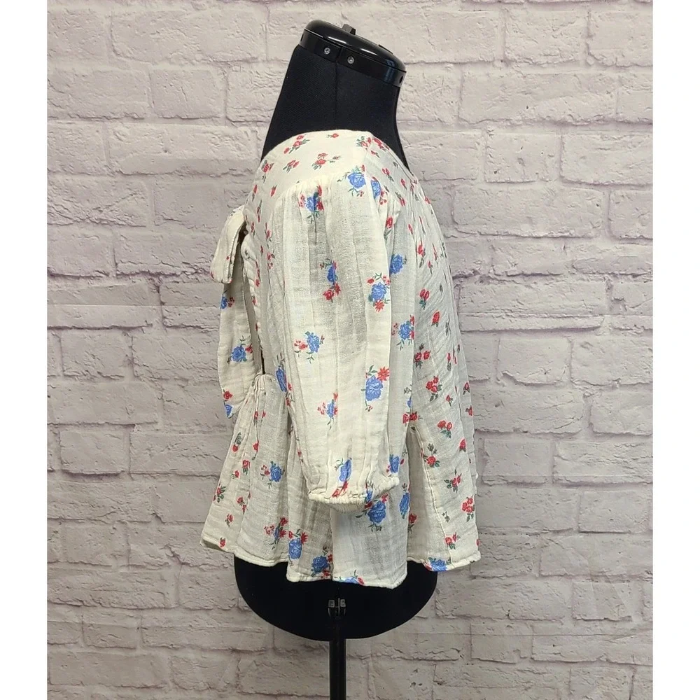 Free‎ People Floral Cotton Gauze Peplum Blouse Ivory Red Blue XS NEW WITH FLAW